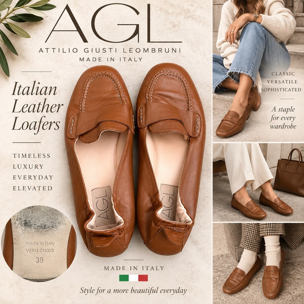 AGL Attilio Giusti Leombruni Brown Leather Penny Loafers 39 Italy